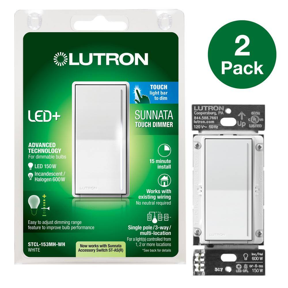 Lutron Sunnata Touch Dimmer Switch for LED Bulbs 150-Watt LED3 Way or Multi Location White (STCL-2PKMH-WH) (2-Pack) STCL-2PKMH-WH