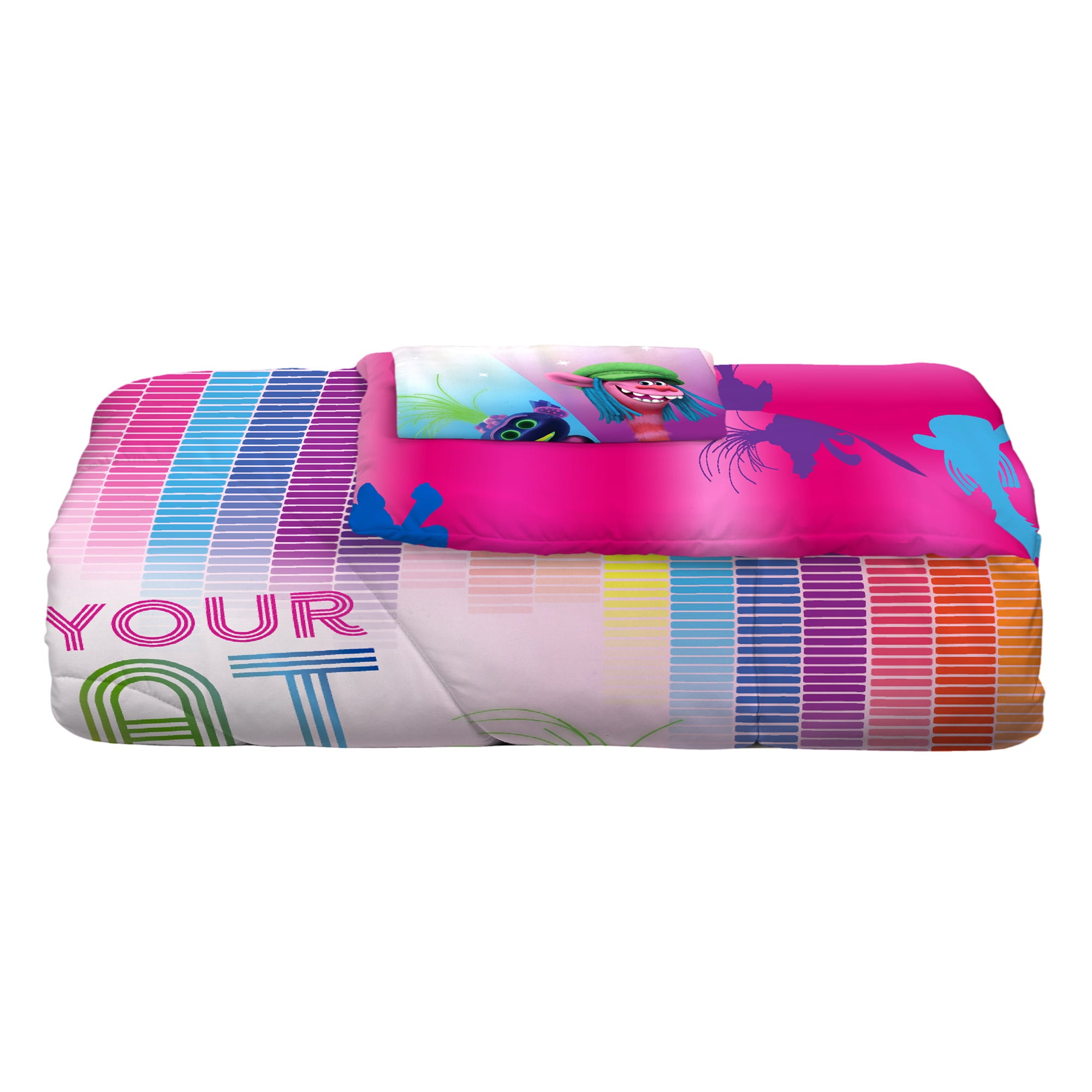 Trolls 2 Kids Comforter and Sham， 2-Piece Set， Twin/Full， Reversible， Pink， DreamWorks