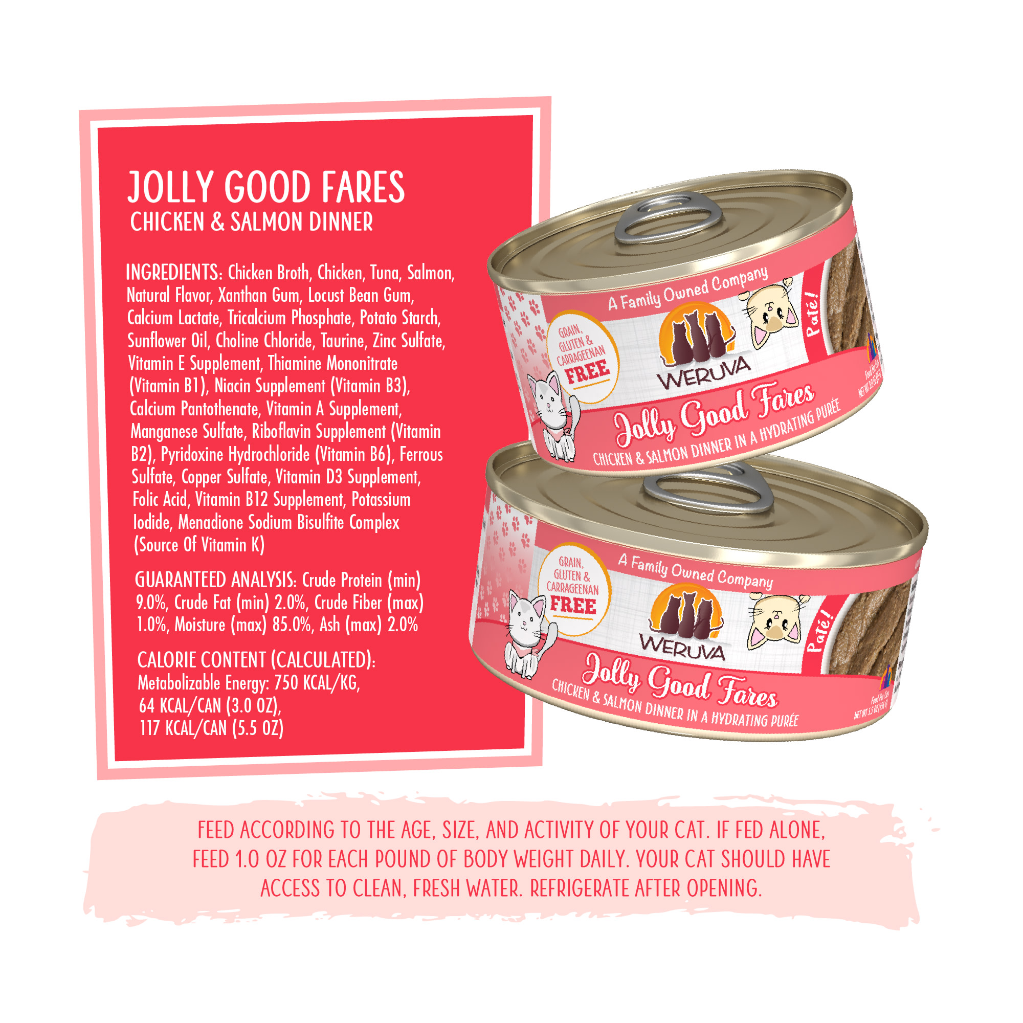 Weruva Pate Jolly Good Fares Chicken  Salmon Dinner in a Hydrating Puree Wet Cat Food， 3 oz.， Case of 12