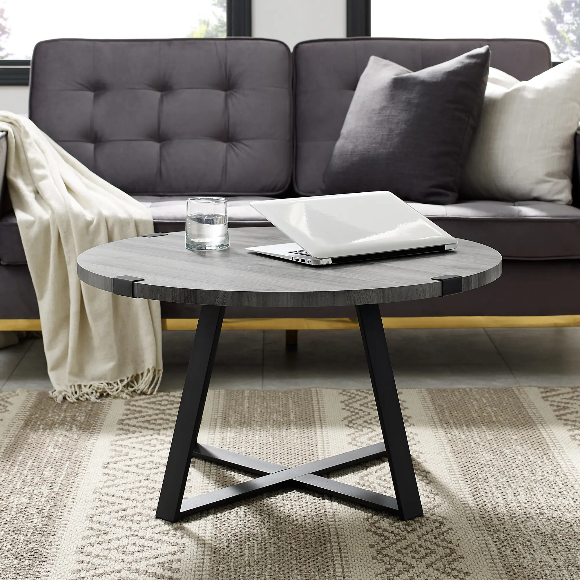 Slate Gray Round Coffee Table - Metal Wrap - Walker Edison