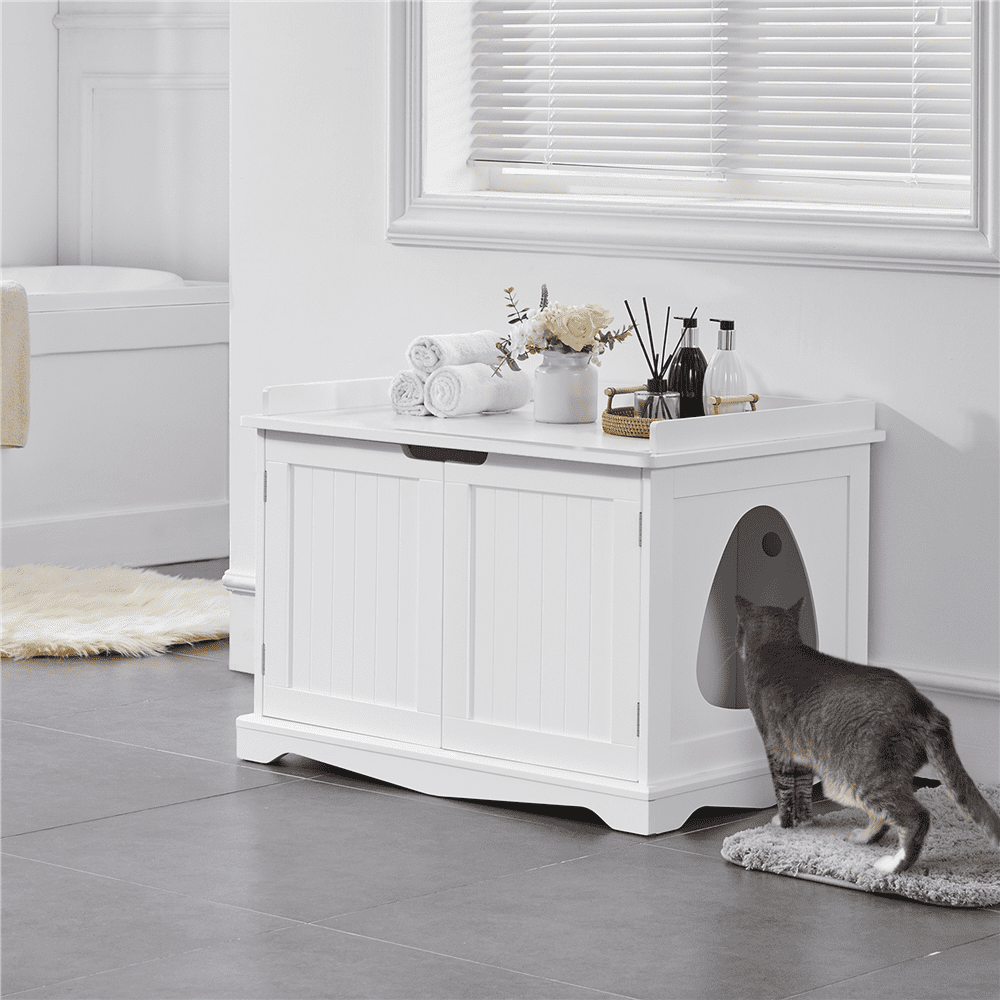 SmileMart Wooden Pet Litter Box for Pets Cat Hidden Washroom Bathroom with Door， White