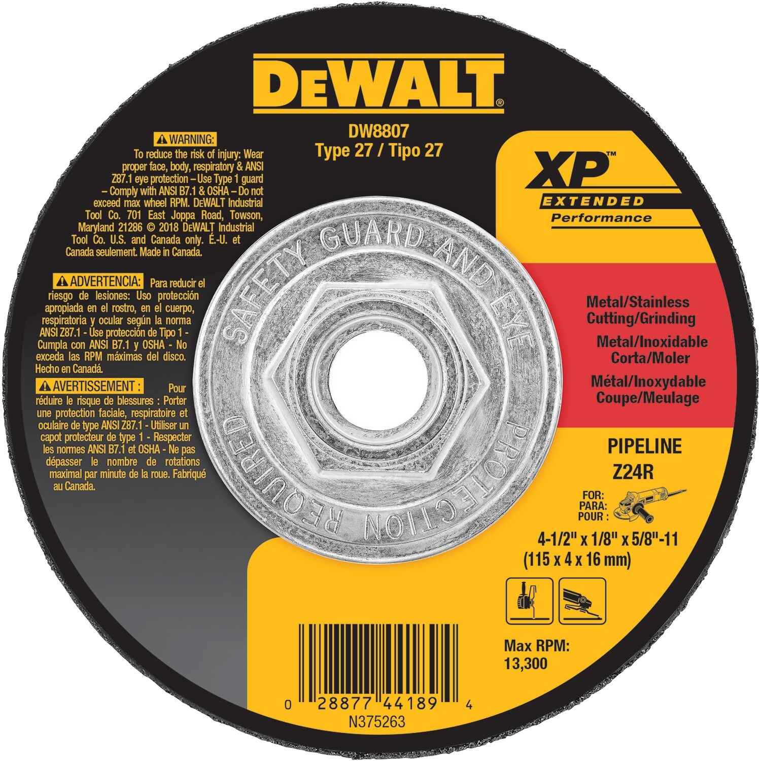 DW Extended Performance 4-1/2 in. D X 5/8 in. Metal Grinding Wheel