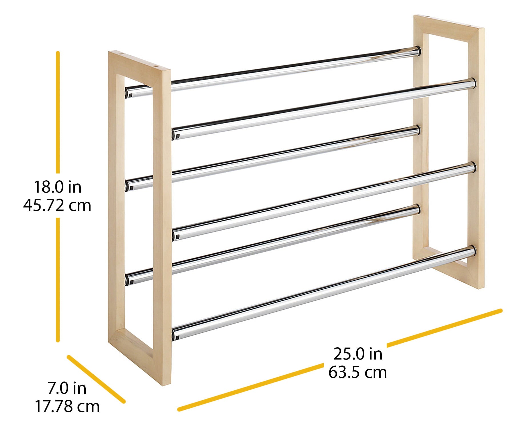 Whitmor 3-Tier Expandable Stackable Shoe Rack， Metal and Wood， Natural Wood and Chrome