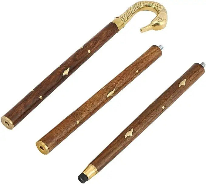 Vintage Designer Brass Swan Handle With Designer Wooden Walking Stick Three Foldable Wooden Walking Shaft