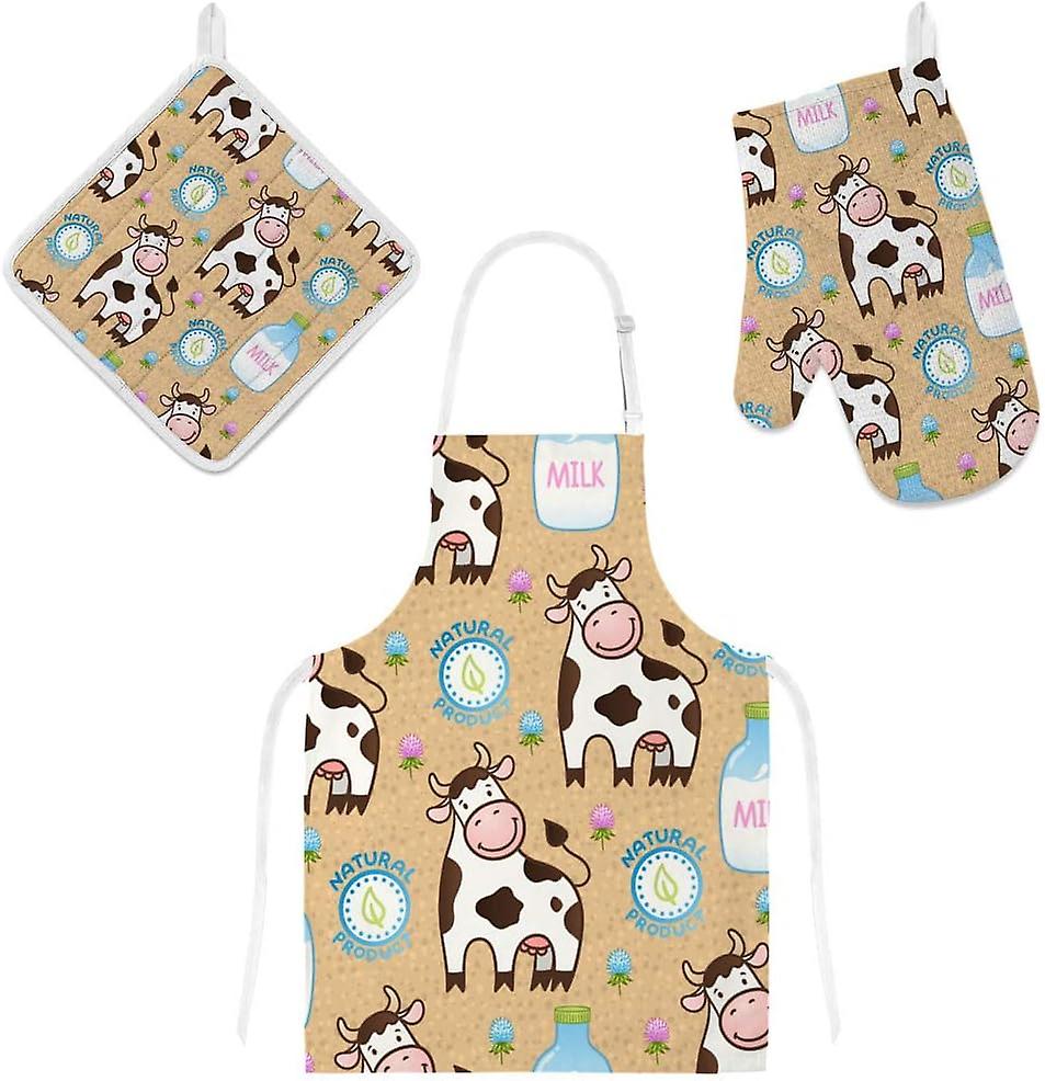 Insulation Kitchen Oven Mitts Potholder Apron 3pcs Set Cute Cow And Milk Bottle Non Slip Heat Resistant Gloves For Baking Cooking Bbq