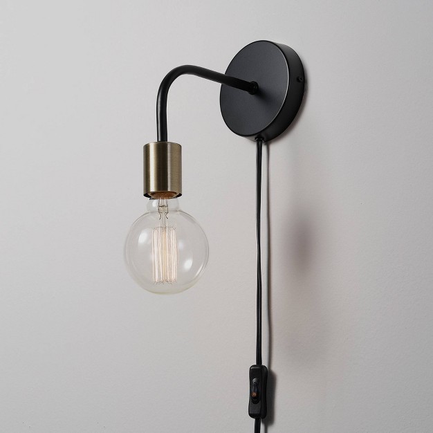 Holden 1 light Long Arm Matte Black Plug in Or Hardwire Wall Sconce With Brass Socket Globe Electric