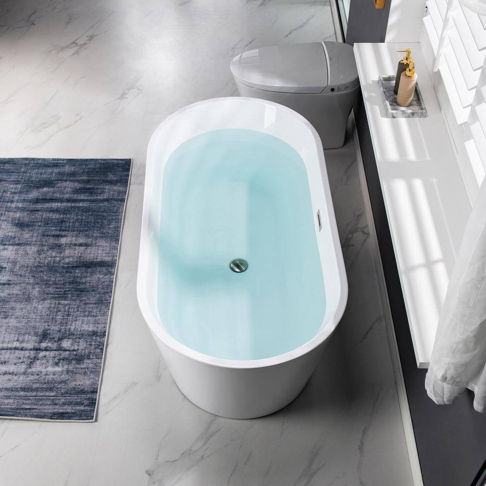 WOODBRIDGE Newark 59 in. Acrylic FlatBottom Double Ended Bathtub with Brushed Nickel Overflow and Drain Included in White HBT5774