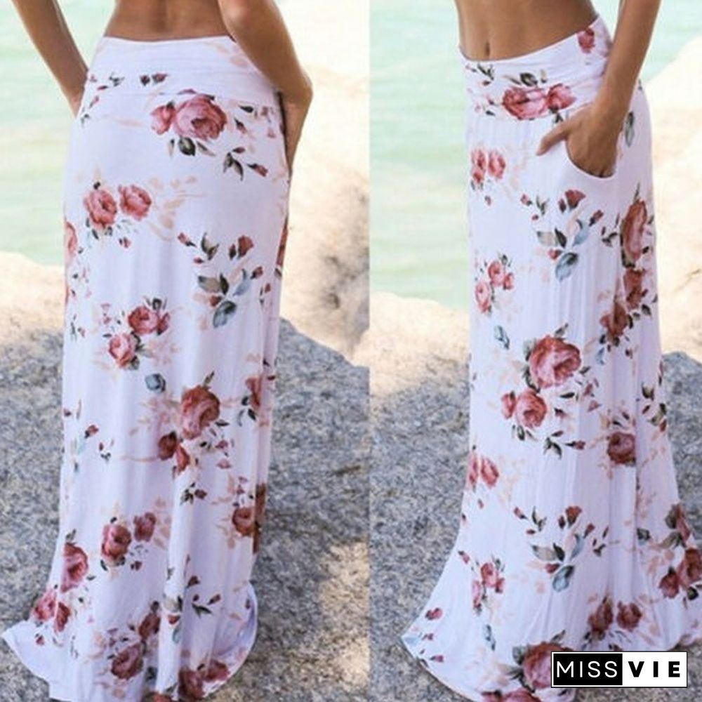 Women Elegant Summer Beach Flower Print Casual Maxi Skirt With Pocket