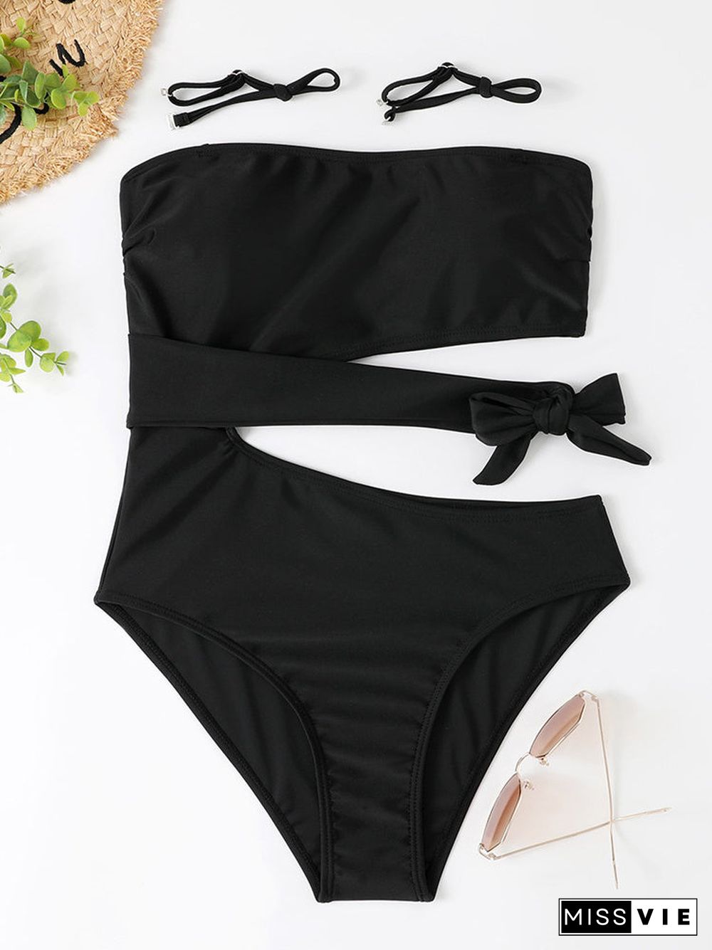 Solid Lace-up One Piece Swimwear