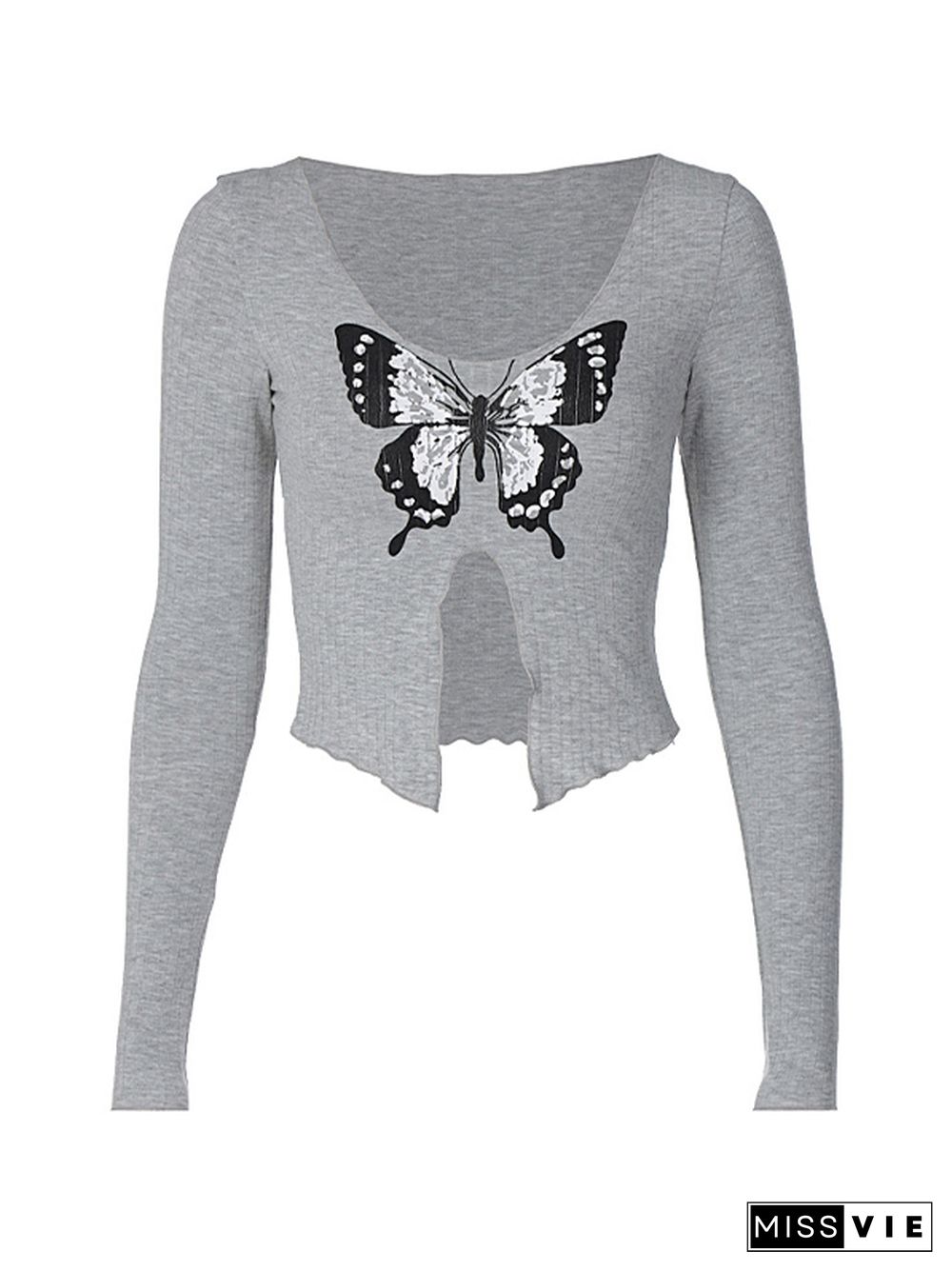 Butterfly Print Front Slit Long Sleeve Tee