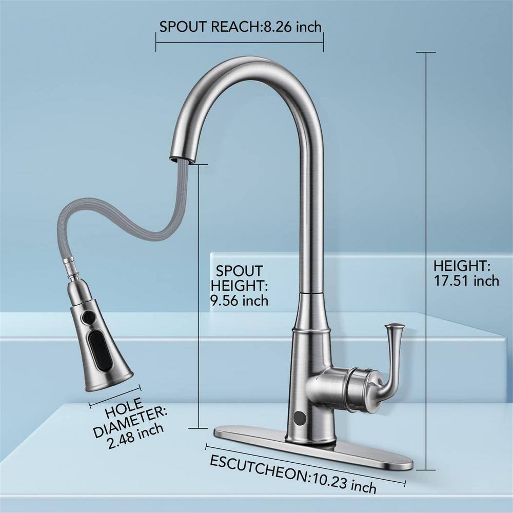 FLG Single Handle Touchless Pull Down Sprayer Kitchen Faucet with Pull Out Spray Wand 304 Stainless Steel in Brushed Nickel RD-0010-BN