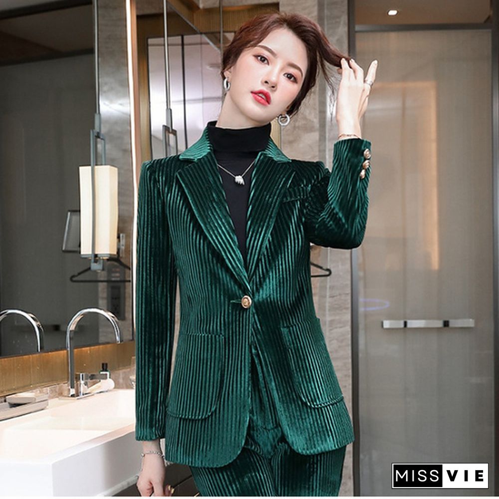 Women Velvet Blazer Jacket Trousers Bell-Bottoms Set Coat Flare Pants Office Striped Outfits Business Formal Suit