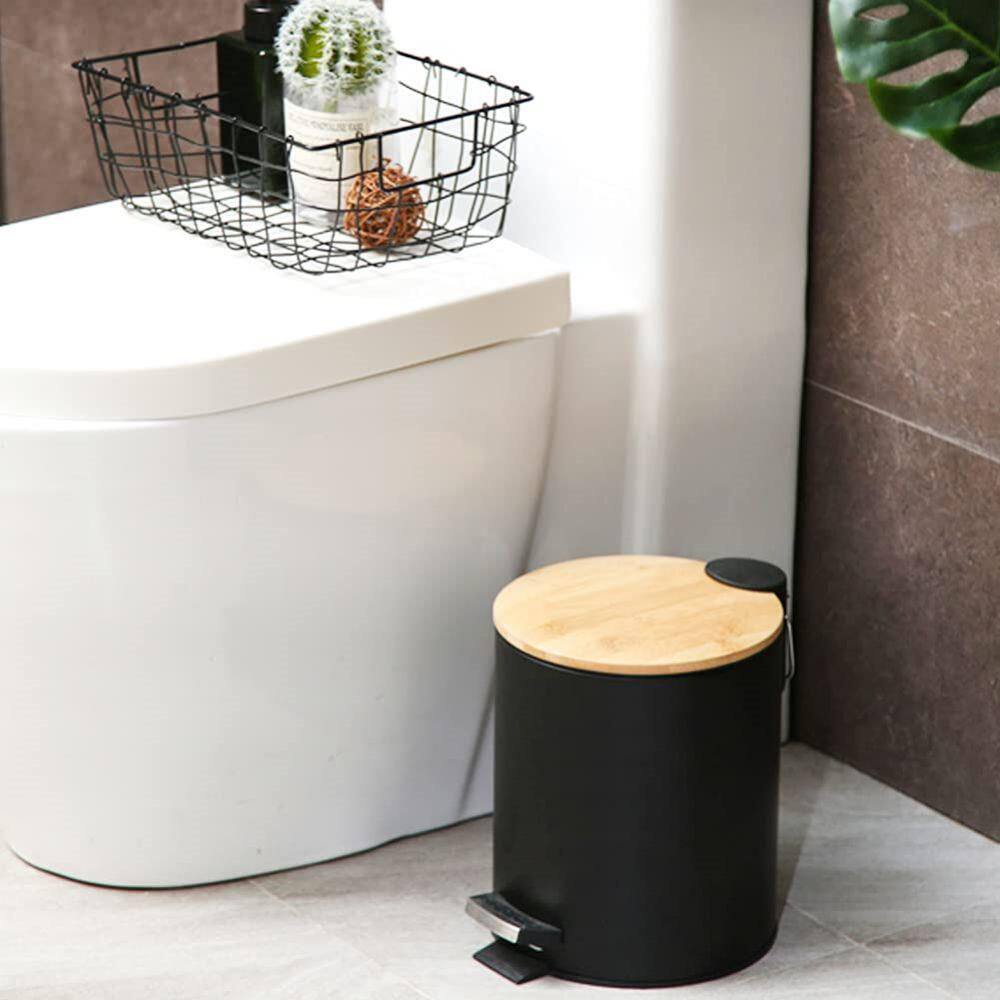 Dracelo 5 Liter Round Metal Trash Can with Bamboo Lid and Pedal and Removable Inner Wastebasket in Black B08N3XCR3B