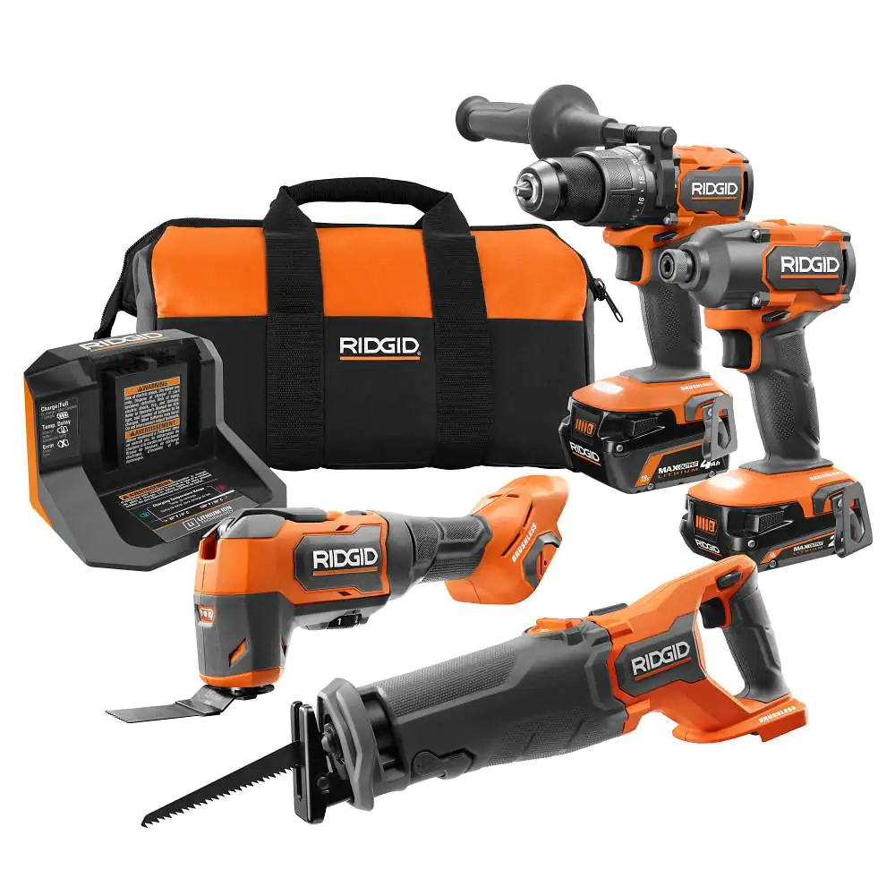 Ridgid 18v Brushless Cordless 4-Tool Combo Kit With (1) 4.0 Ah And (1) 2.0 Ah Max Output Batteries， 18v Charger， And Tool Bag