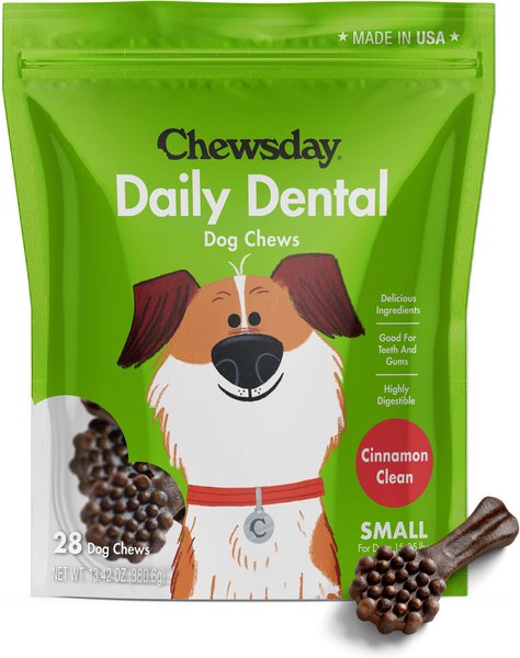 Chewsday Cinnamon Clean Daily Dental Dog Dental Treats， 28 count， Small