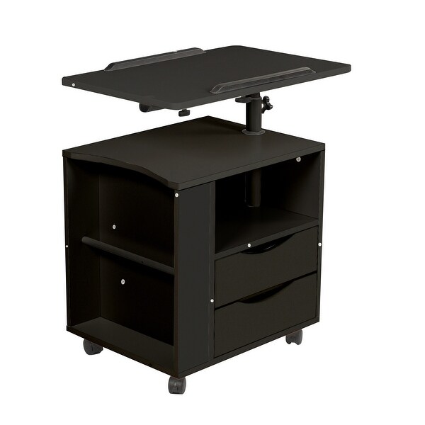 Height Adjustable Overbed End Table Wooden Nightstand with Swivel Top， Drawers， Wheels and Open Shelf， Black