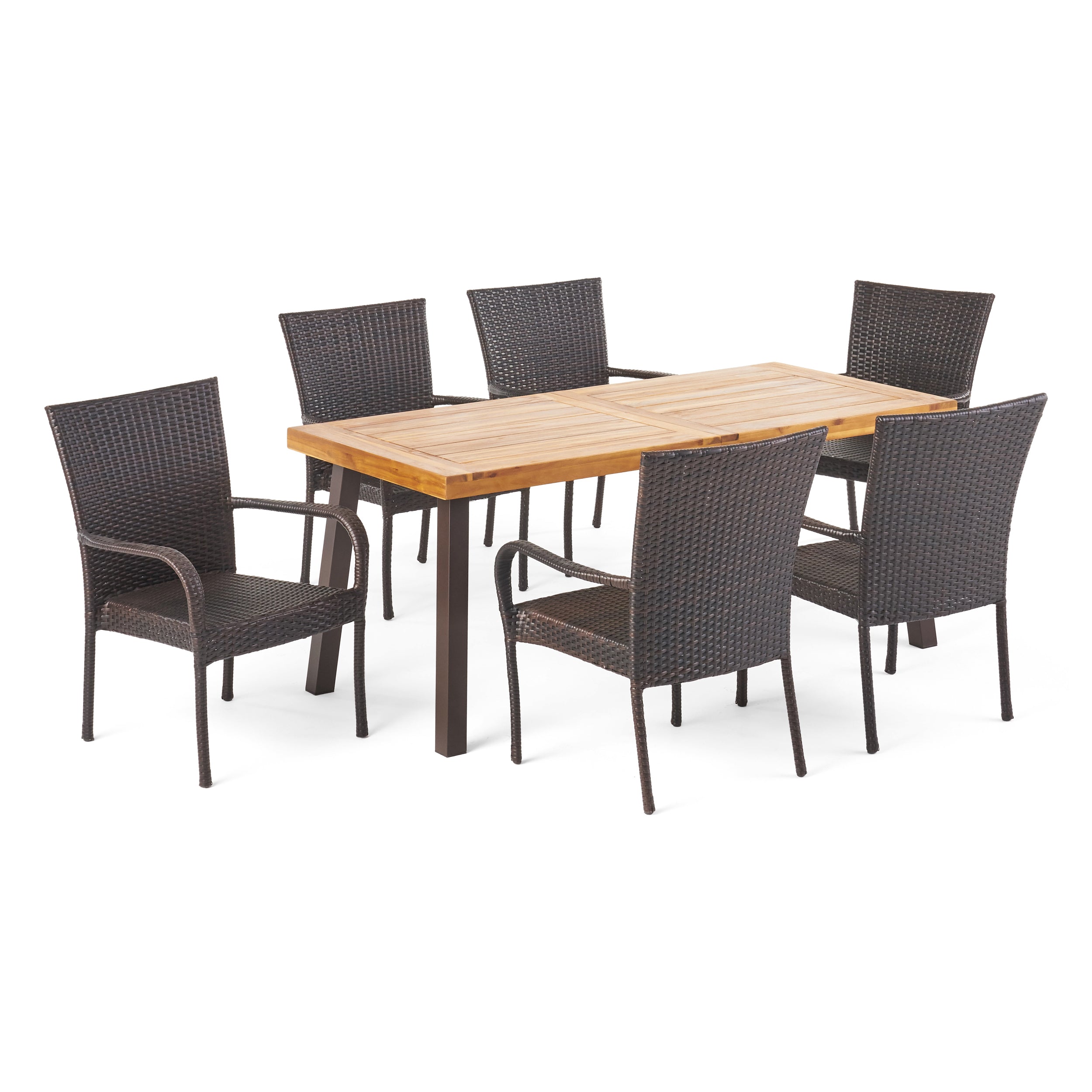 Leopold Outdoor 7 Piece Acacia Wood/ Wicker Dining Set, Teak Finish and Multibrown