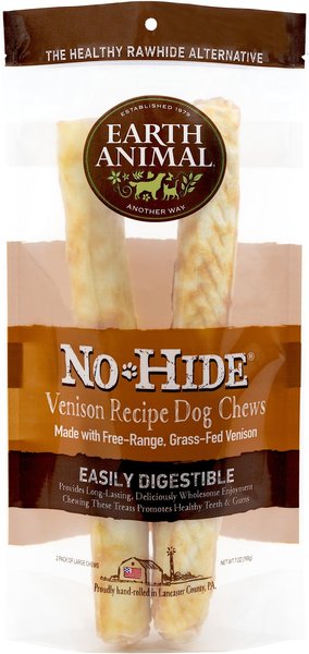 Earth Animal No-Hide Long Lasting Natural Rawhide Alternative Venison Recipe Large Chew Dog Treats， 2 count