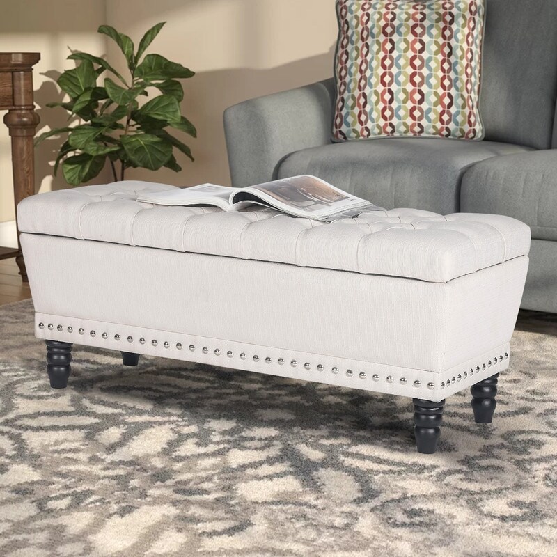 Adeco Button Tufted Trapezoid Storage Ottoman Bench