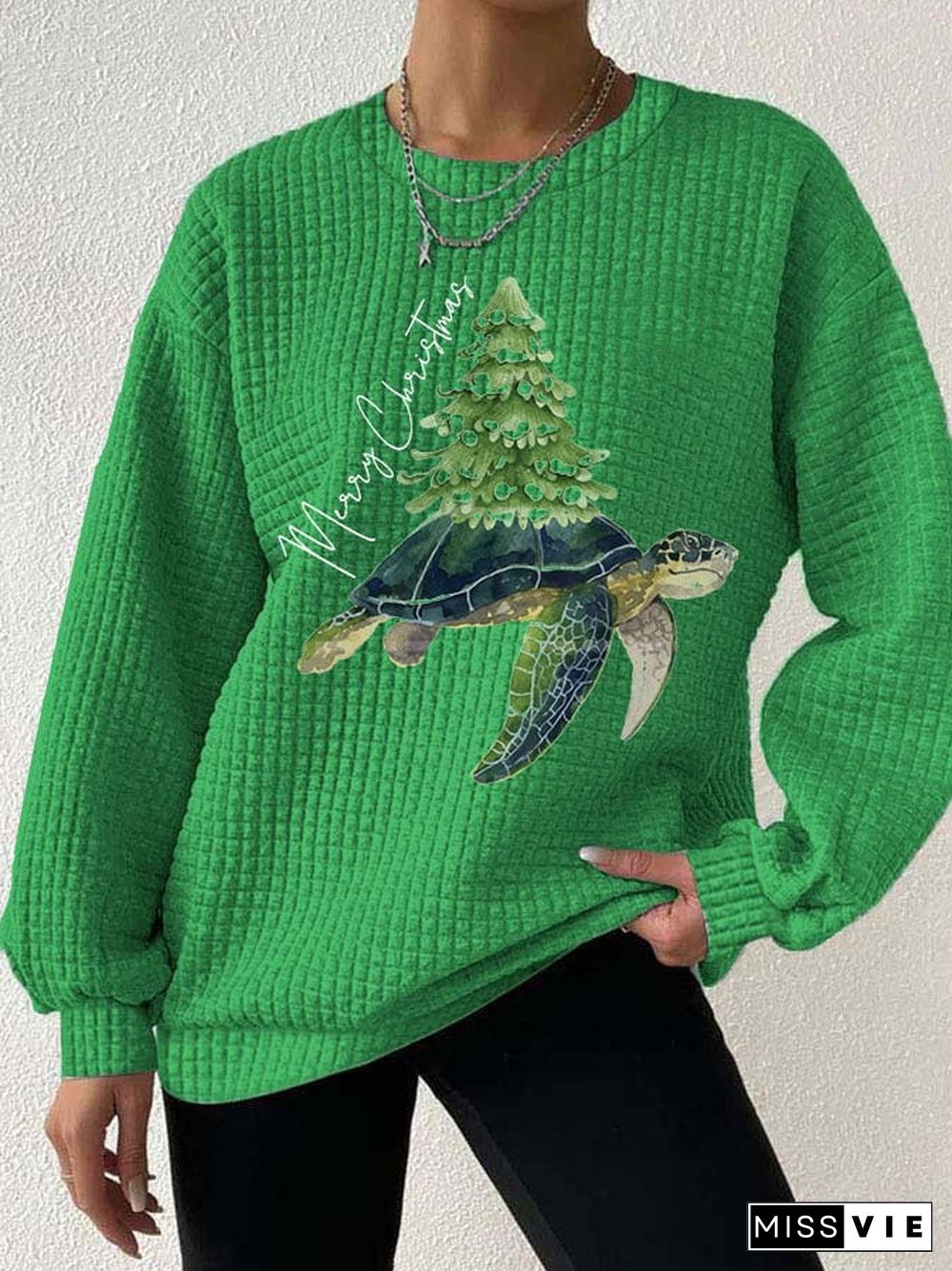 Women's Merry Christmas Turtle Christmas Tree Waffle Sweatshirt