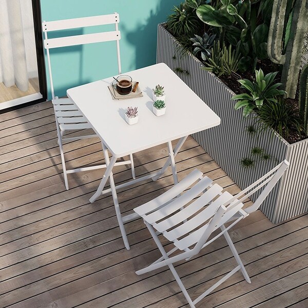 3 Piece Patio Bistro Set of Foldable Square Table and Chairs，White，High quality and durable