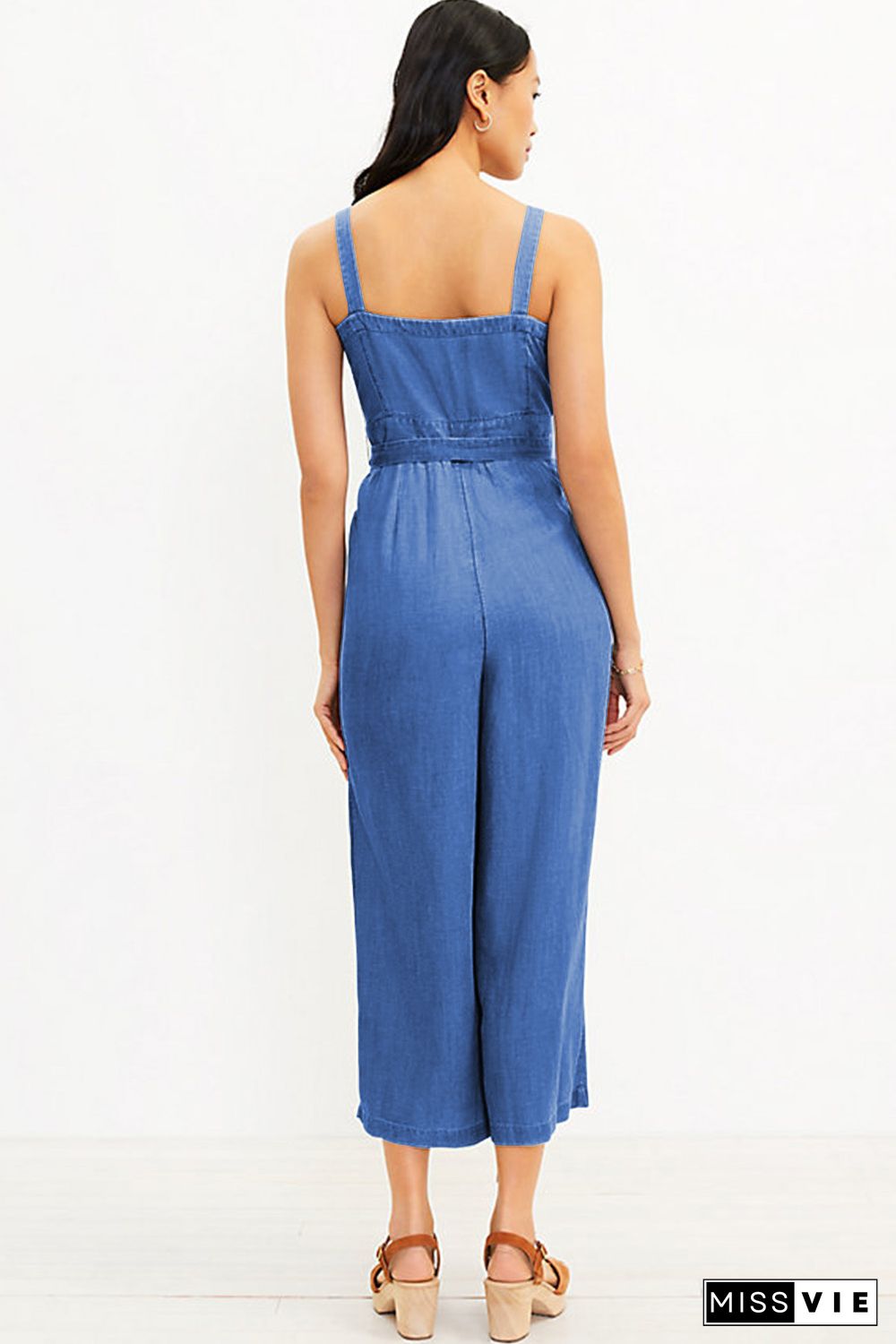 Sky Blue Buttoned Wide Leg Belted Chambray Strappy Jumpsuit