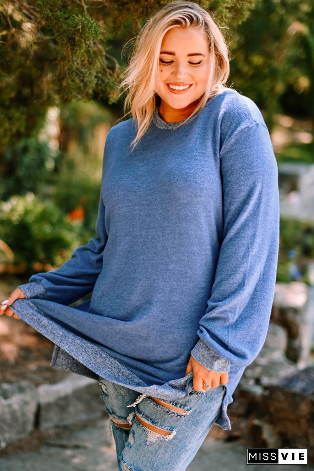 Sky Blue Plus Size Long Sleeve Pullover Sweatshirt