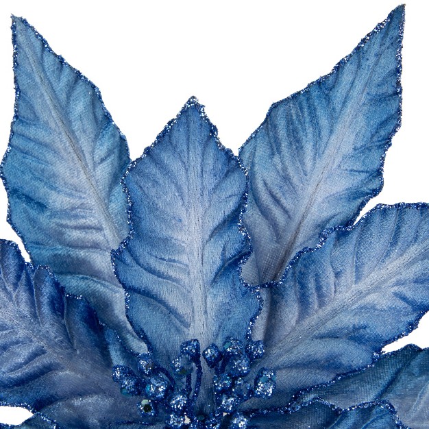 Two Tone Blue Glittered Poinsettia Christmas Stem Spray