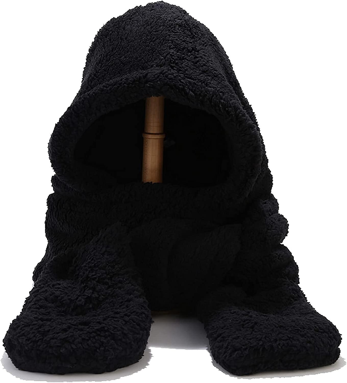 Winter Faux Fur Hood Hat Scarf And Gloves 3 In 1 Hooded Scarf For Women Men Black -