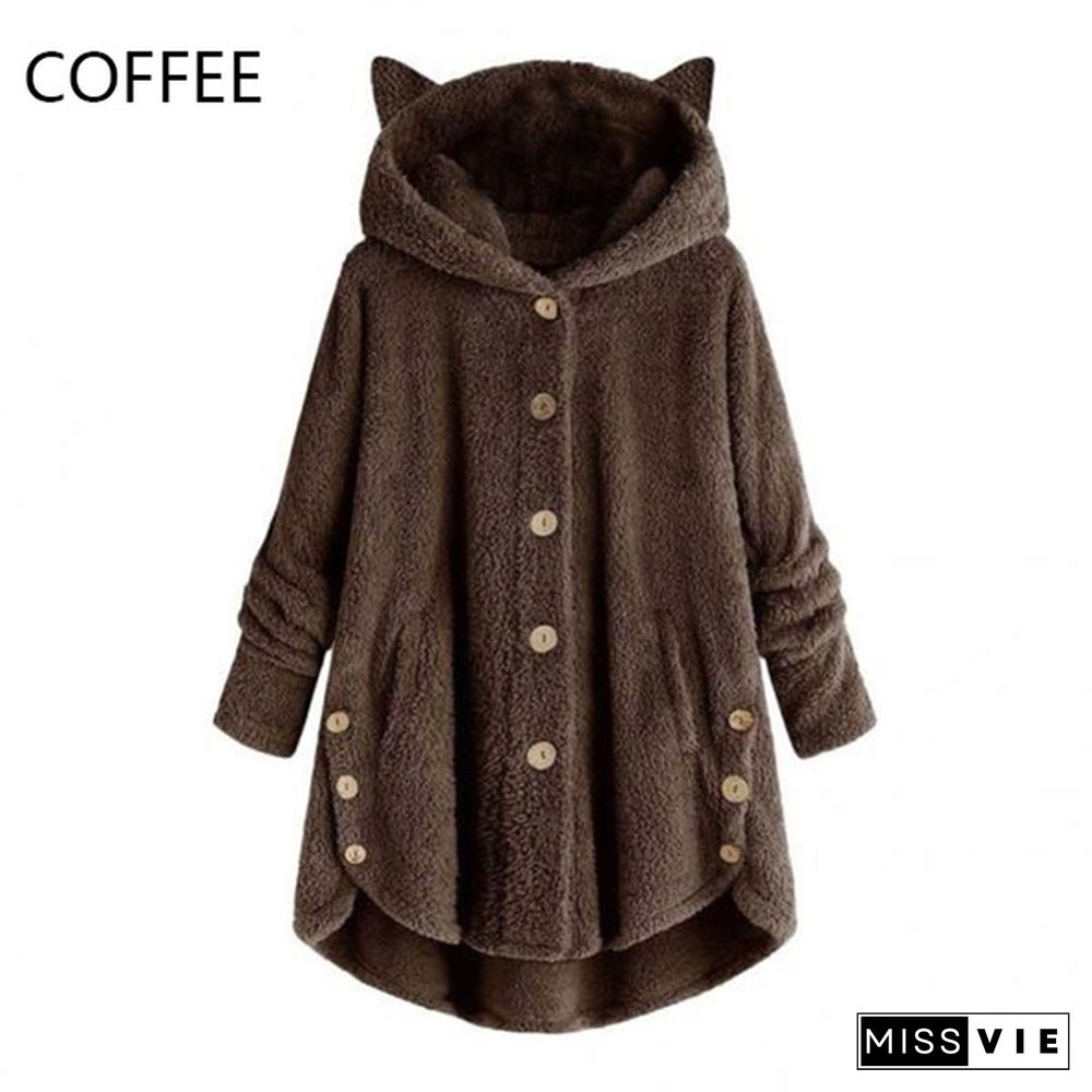 Autumn and Winter Fashion Women's Button Hooded Coat Cute Cat Ears Plush Hoodies Irregular Solid Color Cardigan Coat