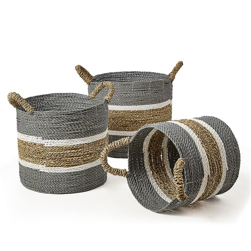 Saddle River Gray Seagrass and Raffia Basket 3-piece Set