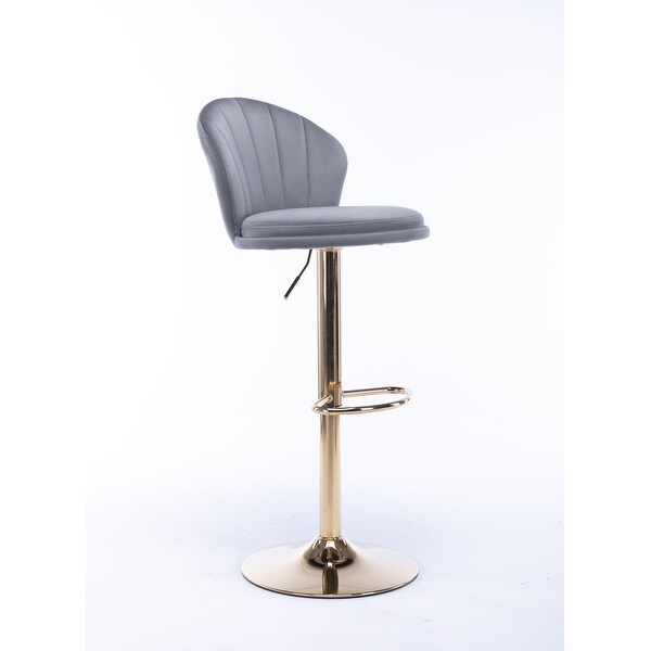 Modern Bar Stools Set of 2 Adjustable Mechanical Lifting Velvet and Golden Leg Bar Stool， Chrome Footrest and Base Swivel Height