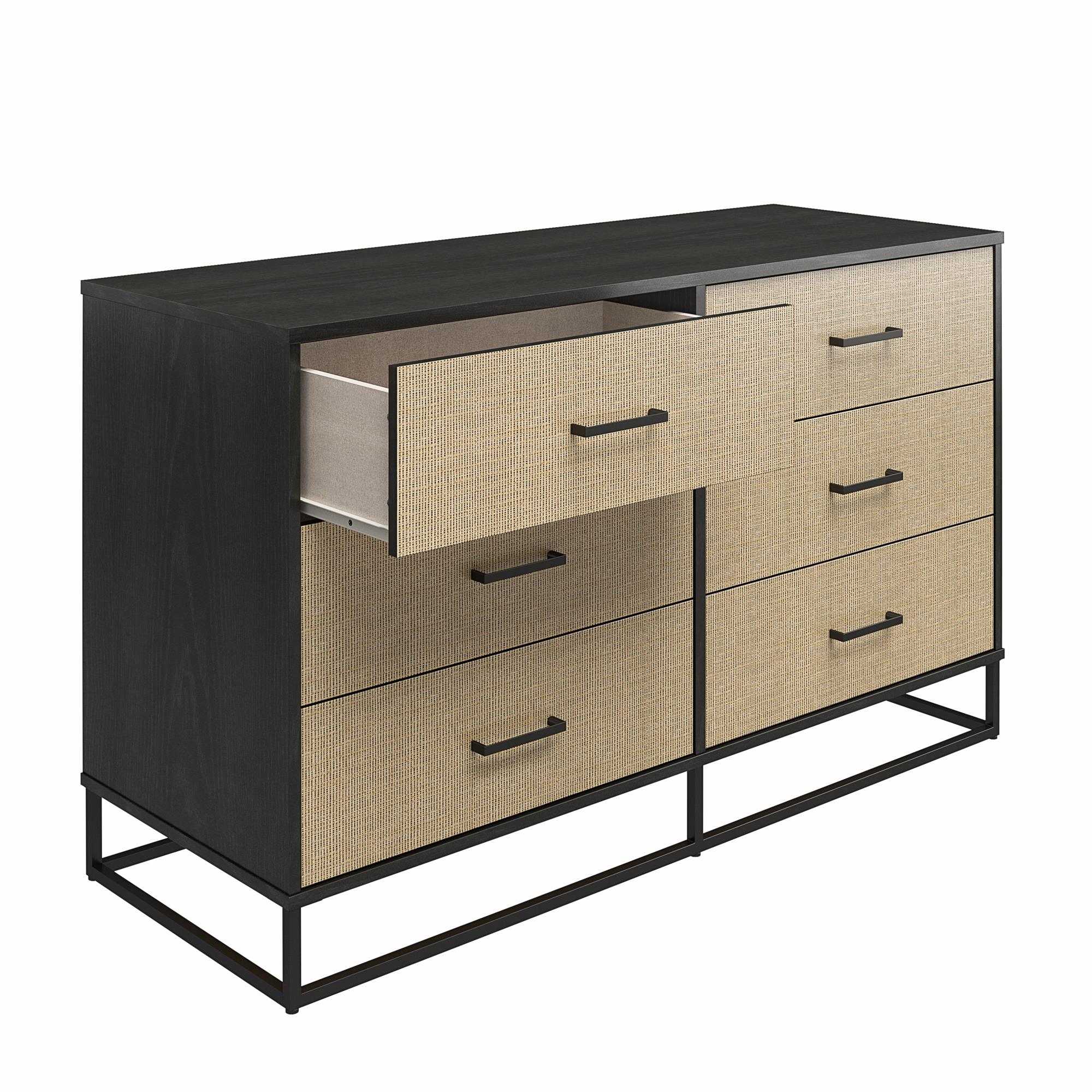 Novogratz Kelly 6 Drawer Dresser, Faux Rattan & Black Oak