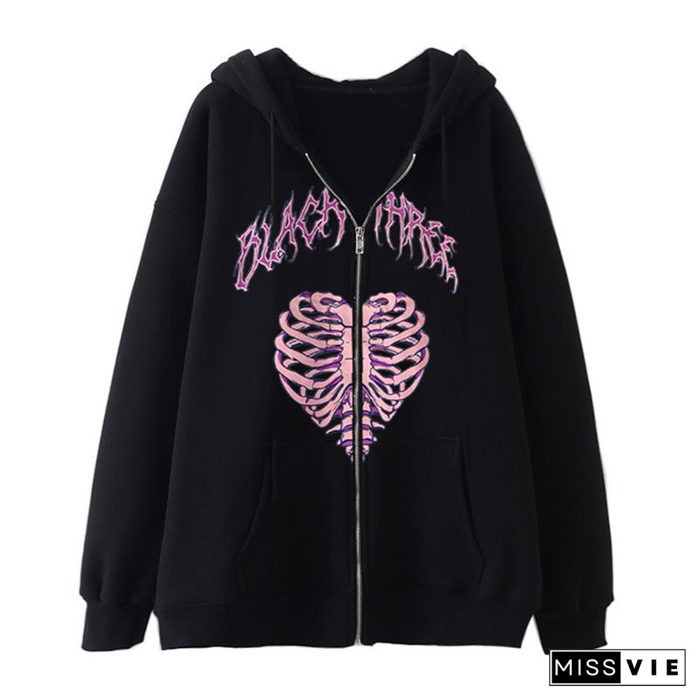 Gothic Jacket Hoodie Women Skeleton Printed Zipper Long Sleeve Hooded Top Dark Academia Clothes Vintage Coat Streetwear