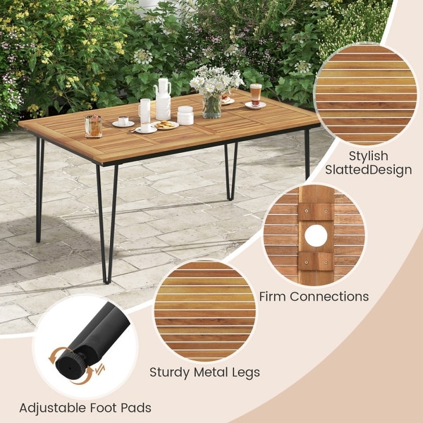 Rectangular Patio Dining Table for 8 with Acacia Wood Tabletop and Umbrella Hole