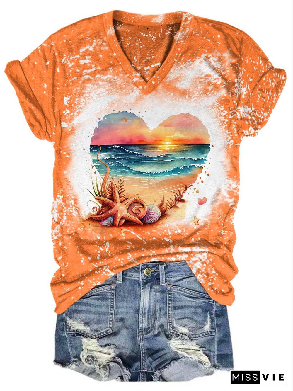 Retro Beach Heart Print V-Neck T-Shirt