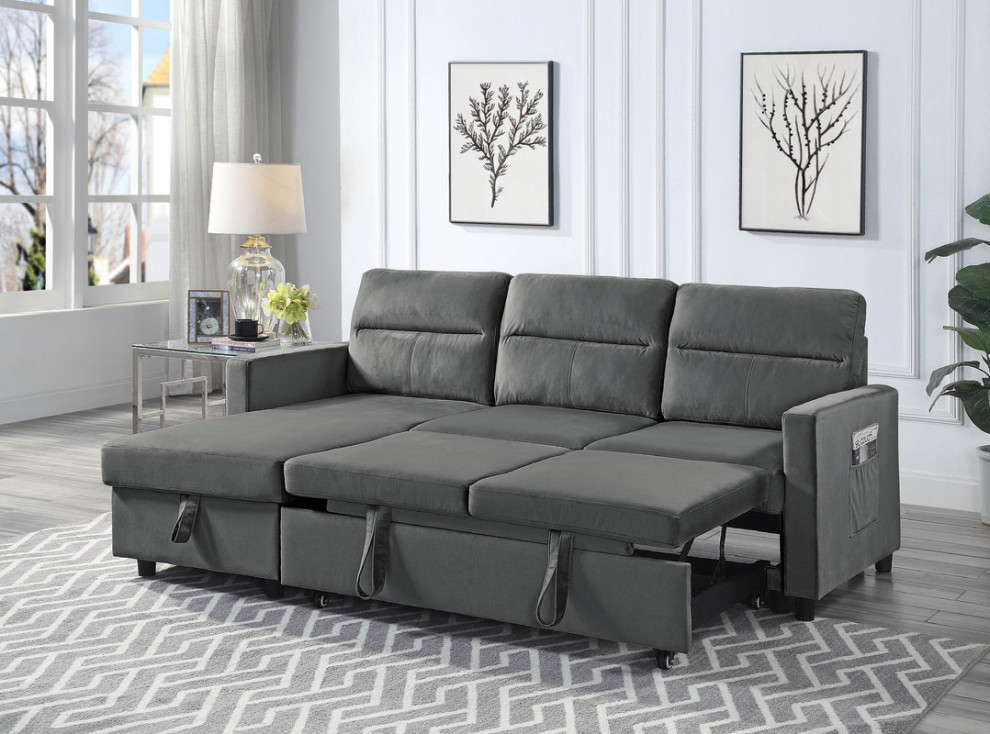 Ivy Velvet Reversible Sleeper Sectional Sofa With Storage Chaise and Side Pocket   Transitional   Sleeper Sofas   by Lilola Home  Houzz