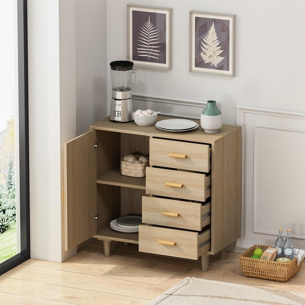 4 Drawers Wooden Cabinet with Rattan Decorative Doors