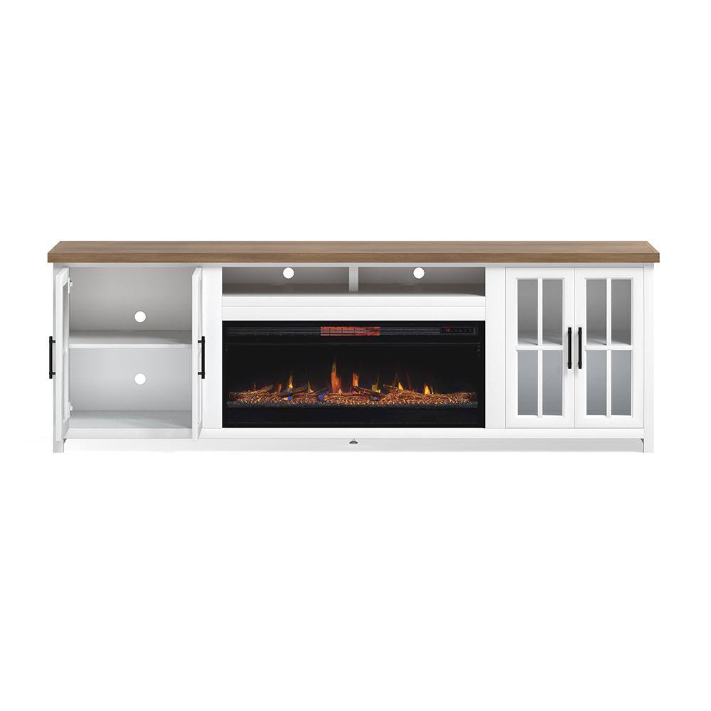 Bridgevine Home 97 in. Fully Assembled White and Brown TV Stand with Electric Fireplace Fits TV's up to 85 in. HT5410.BJW