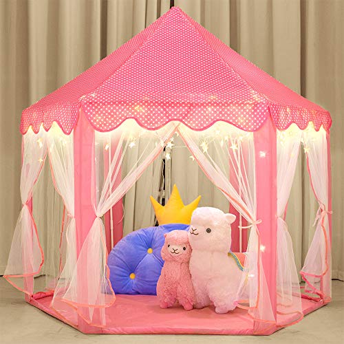 wilwolfer Princess Castle Play Tent for Girls Large Kids Play Tents Hexagon Playhouse with Star Lights Toys for Children Indoor Games (Pink)