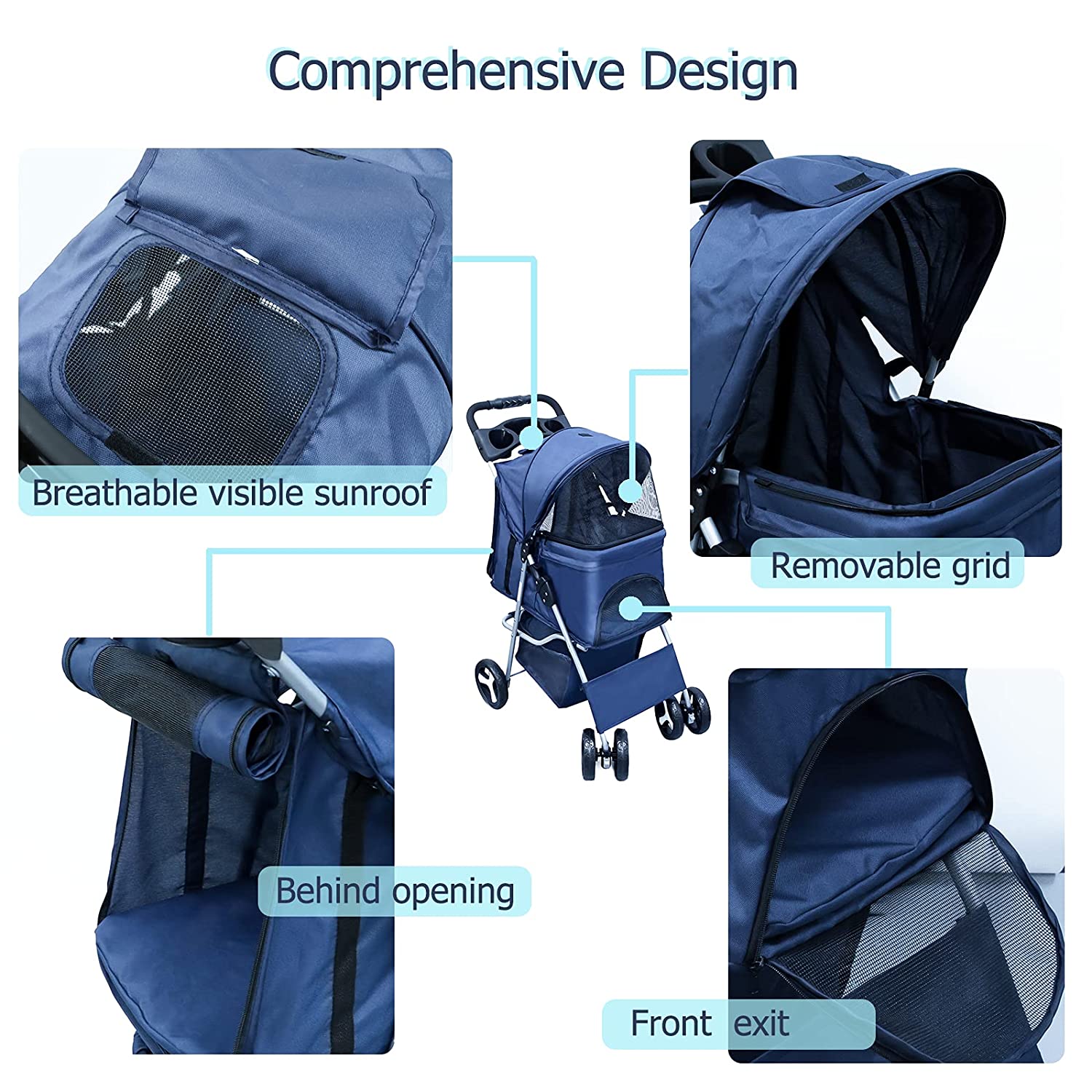 Maylai Pet Stroller for Small Cat/Dog - Lightweight Foldable with Storage Basket and Cup Holder (Navy Blue)