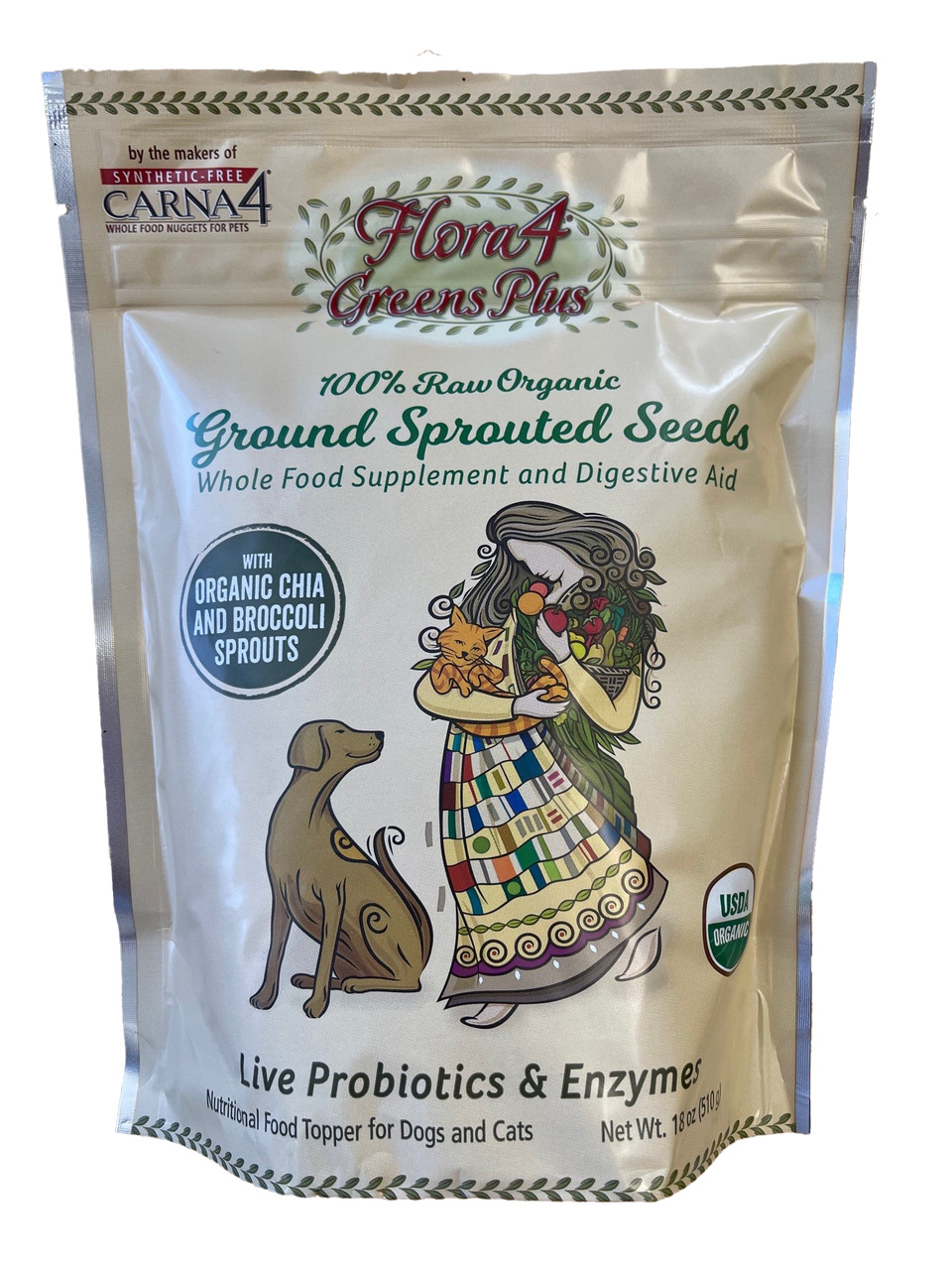 Carna4 Flora4 Greens Plus Ground Sprouted Seeds Food Topper for Dogs and Cats， 18oz. Bag