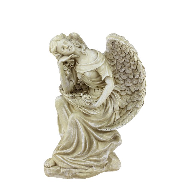 Weathered Daydreaming Angel With Rose Outdoor Patio Garden Statue Almond Brown