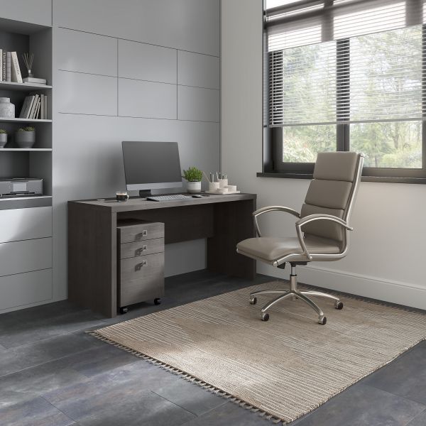 Office by kathy ireland Echo Credenza Desk with Mobile File Cabinet in Charcoal Maple