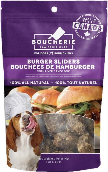 Boucherie Burger Sliders and Liver Flavor Dehydrated Dog Treats， 4-oz bag