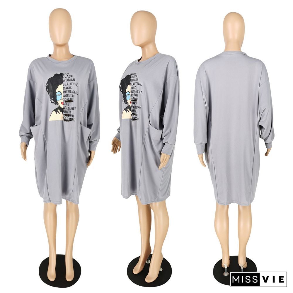 Printed Round Neck Long Sleeves Loose Dress With Pocket