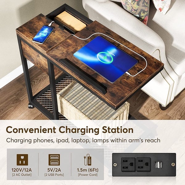 C Shaped Table with Outlet and USB Ports， Couch Side Table with Charging Station