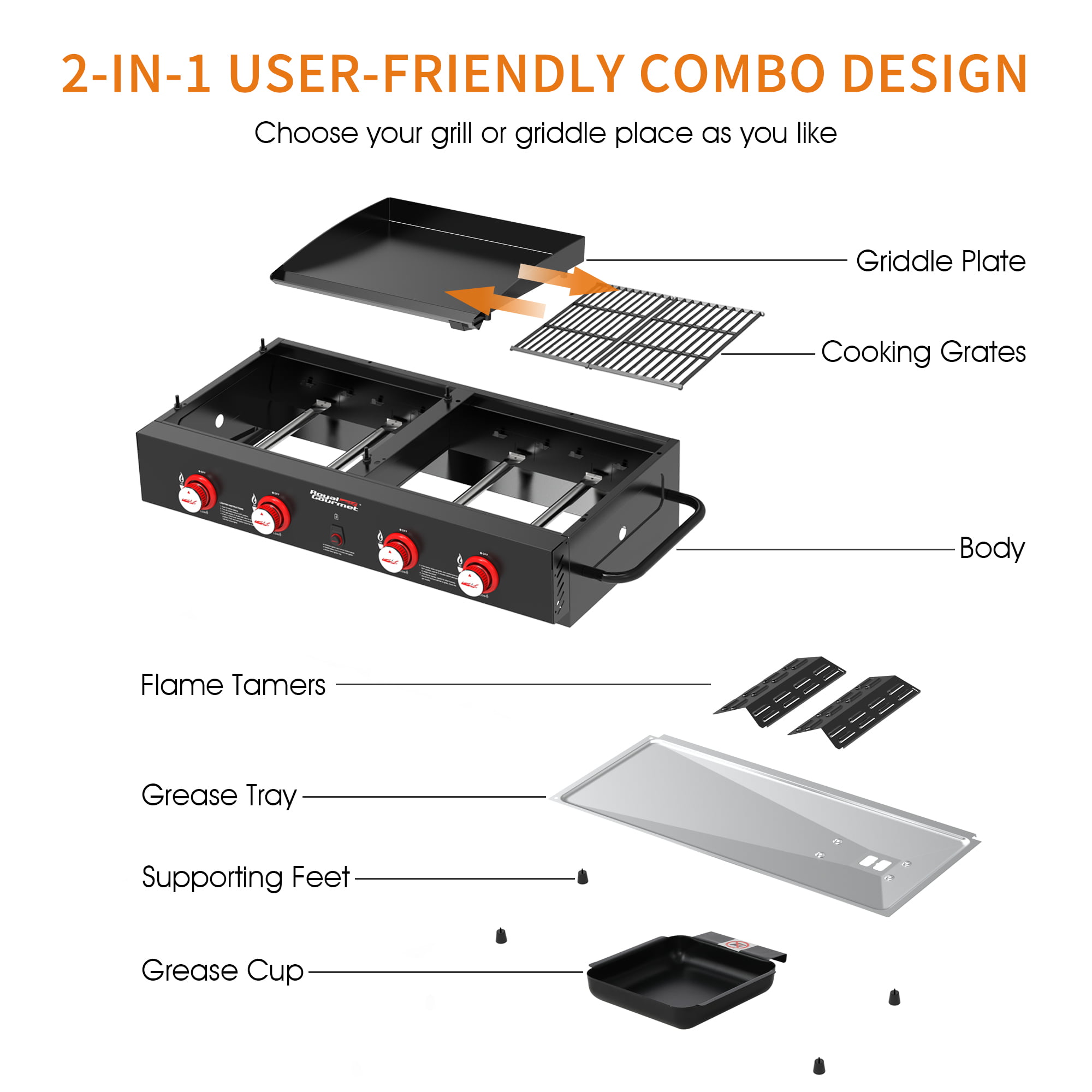 Royal Gourmet 4-Burner GD4002T Portable Gas Grill and Griddle Combo， 40000 BTU