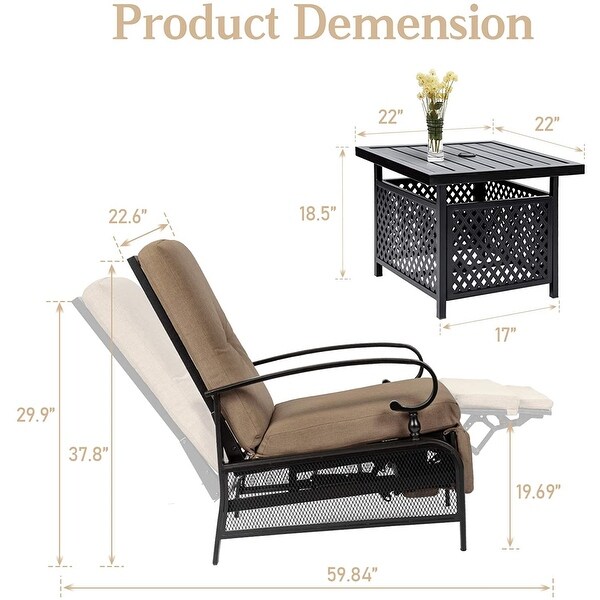 SUNCROWN Outdoor Patio Adjustable Cushioned Recliner Lounge Chair Set with Coffee Square Side Table