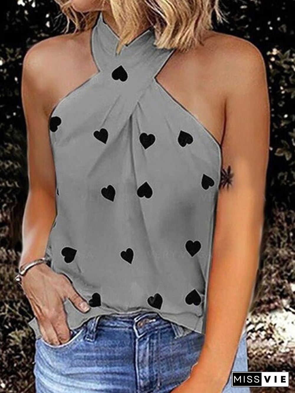 Women'S Tank Tops Heart Print Halter Off Shoulder Sleeveless Tank Top